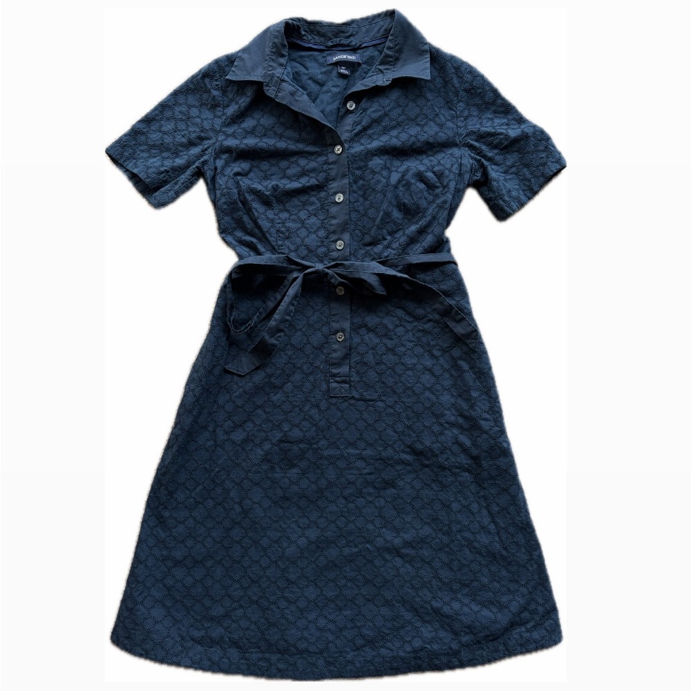 Lands' End Navy Pointelle Eyelet Lace Button Down Blue Dress Tie Waist 0 Petite